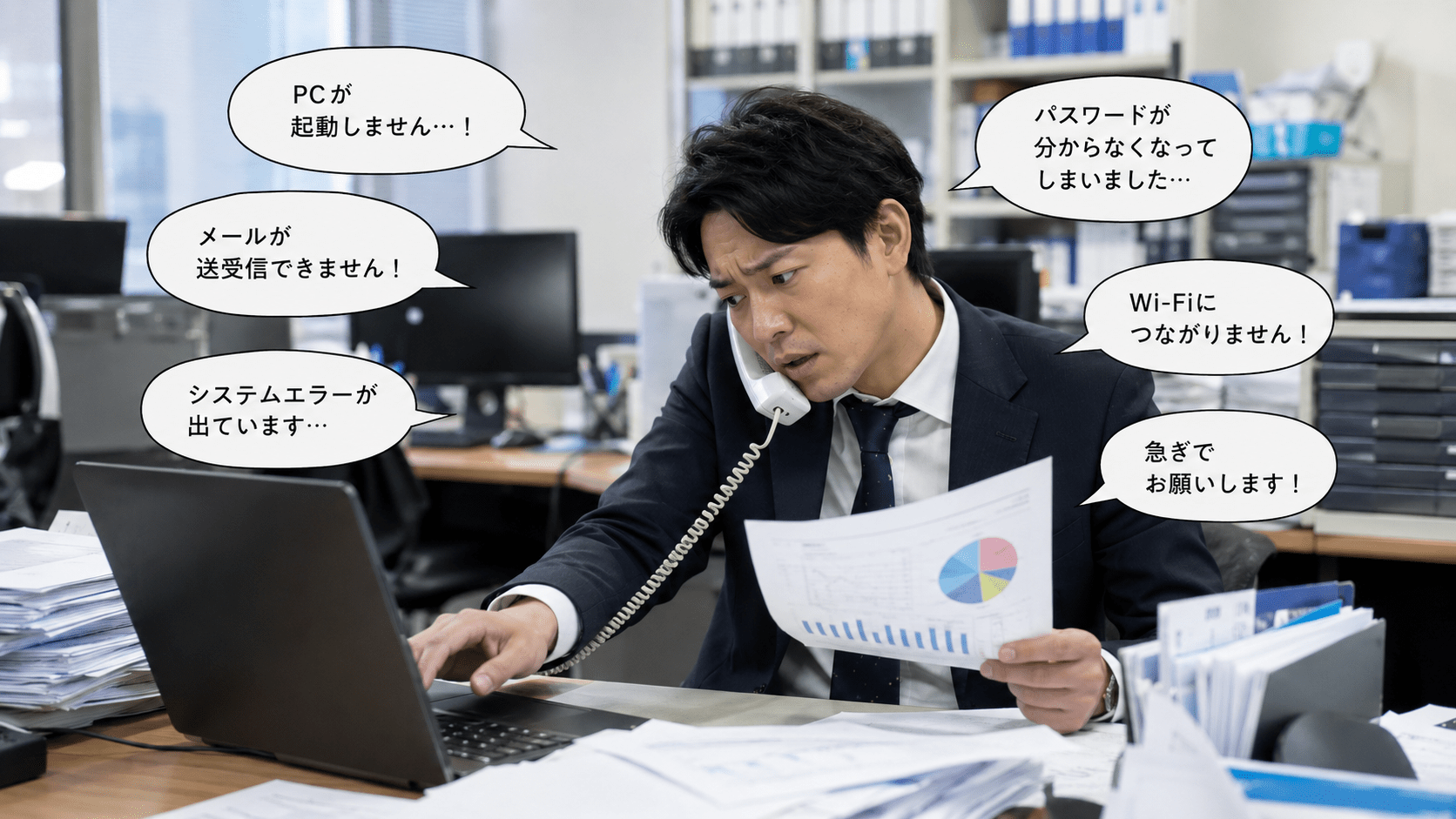 兼任担当者が本来の業務の合間にIT対応に追われる様子